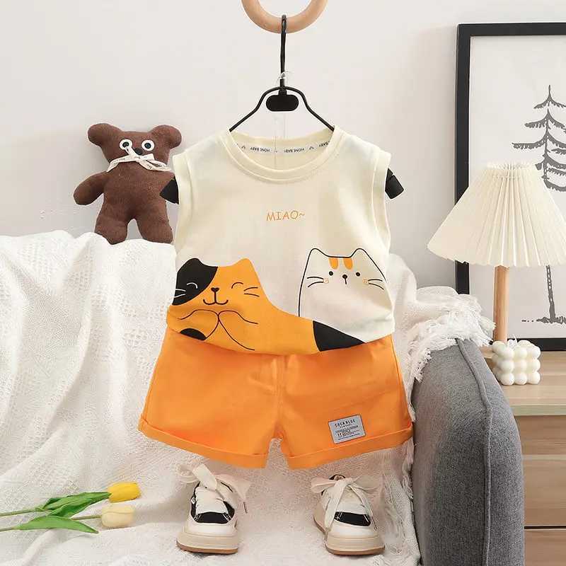 Clothing Sets Summer Kids Clothes Suit Children Boys Cartoon Cat Vest T Shirt Shorts 2Pcs/sets Toddler Fashion Clothing Infant Tracksuits H241214