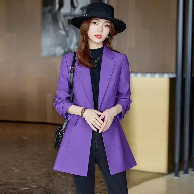 Autumn Winter Ladies Mid Long Blazer Women Single Button Black Purple Female Casual Jacket Coat Office Outerwear 241209