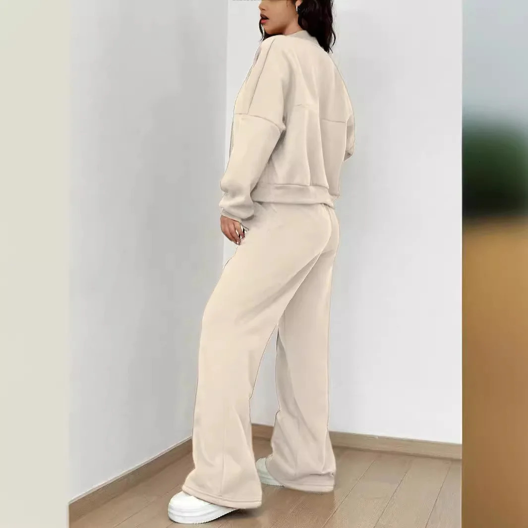 Grey Bomber Jacket Pant Women 2 Pieces Set Casual Long Sleeve Zipper Coat Solid Sweatshirt Trousers Suit Fall Sportwear 241203