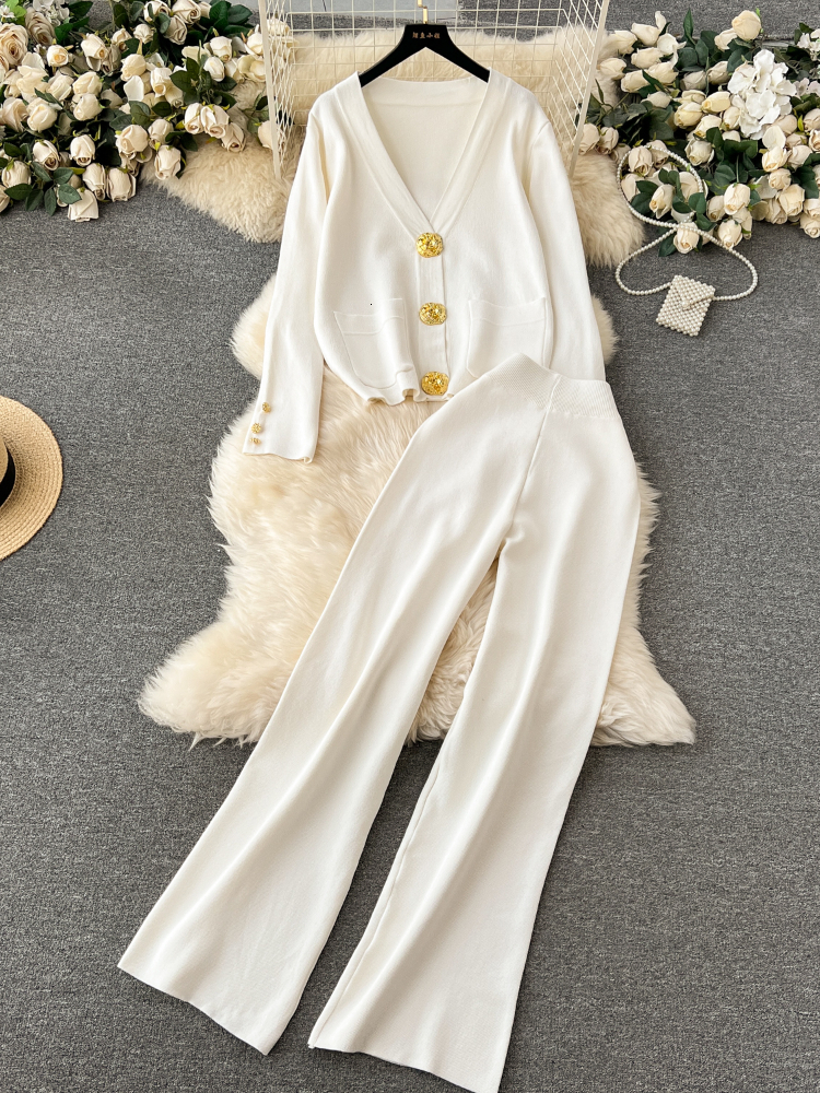 Women Casual Long Sleeved Cardigan Sweater Wide Leg Pants Knitted 2 Piece Set Y2k Korean Fashion Tide Elegant Suits Autumn