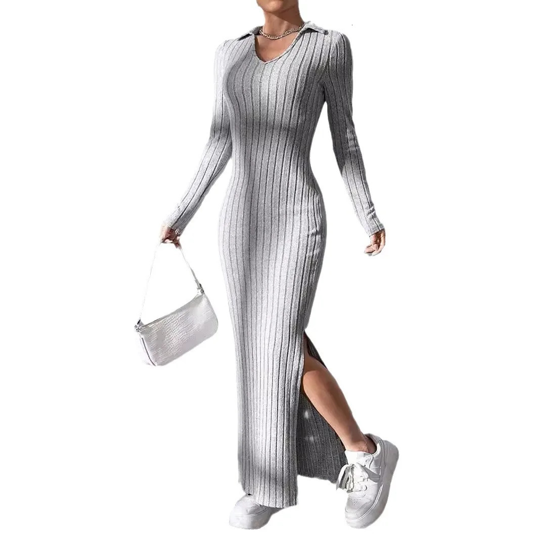 2024 SpringSummer Womens Knitted Weight Loss Collar Fashionable Casual Elegant Pit Strip Solid Color Long Dress 241212