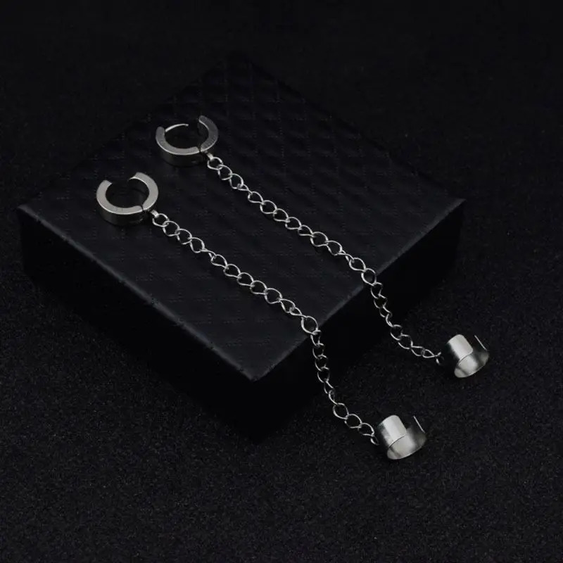 Korean Fashion Hip Hop Chain Earrings Steel Chain Threader Drop Cuff Double Chain Piercing Earrings Unisex Jewelry 241214