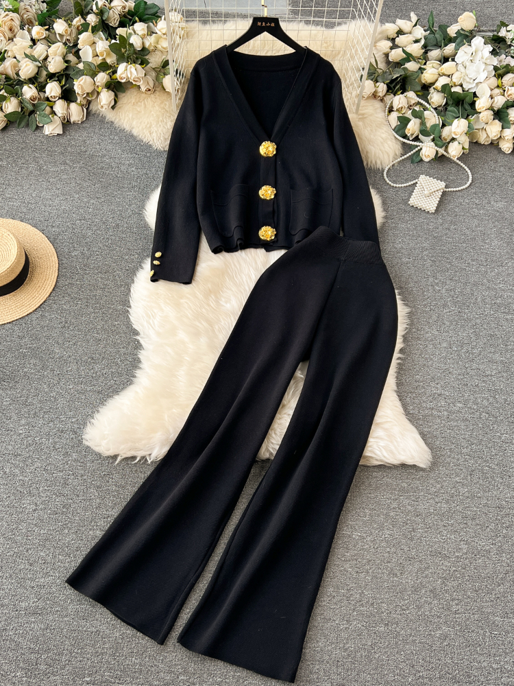Women Casual Long Sleeved Cardigan Sweater Wide Leg Pants Knitted 2 Piece Set Y2k Korean Fashion Tide Elegant Suits Autumn