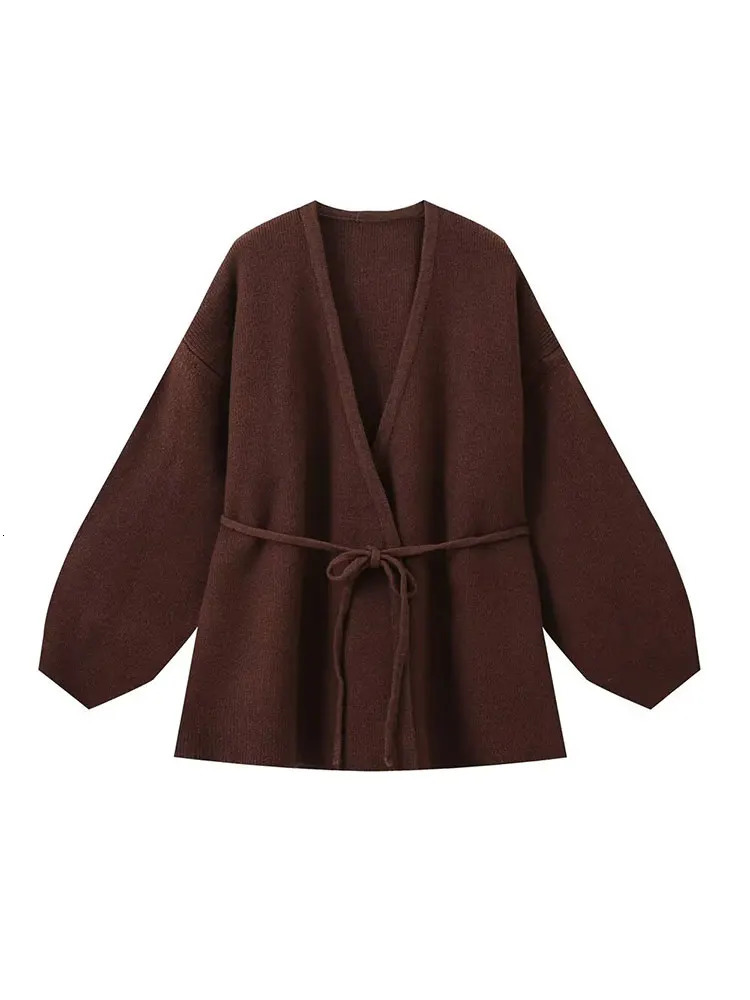 TRAF Autumn Casual Chic Women Knitted Suit Solid VNeck Long Sleeve Laceup Jackets Loose Pants Fashion 2 Piece Sets 241209