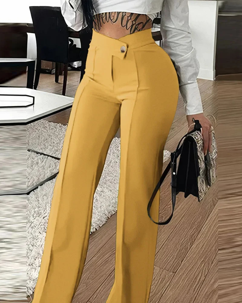 Womens pants wide leg zipper fly slim fit flat office womens pockets high waist autumn 2023 ankle length solid color 241212
