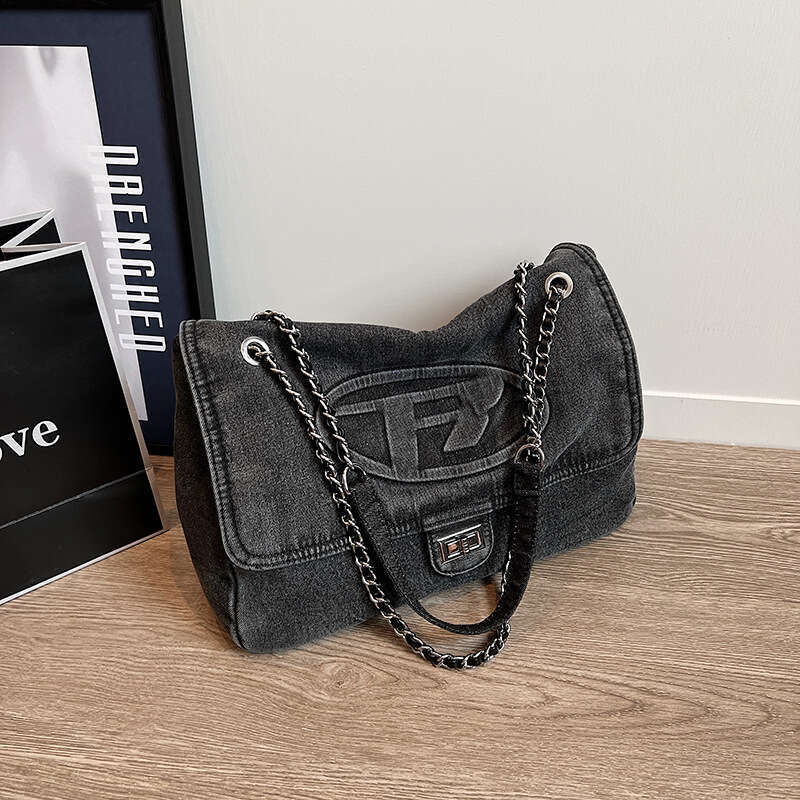 French style large capacity commuting bag for women, popular denim chain tote versatile single shoulder crossbody airport bag, 2024 new casual fashion