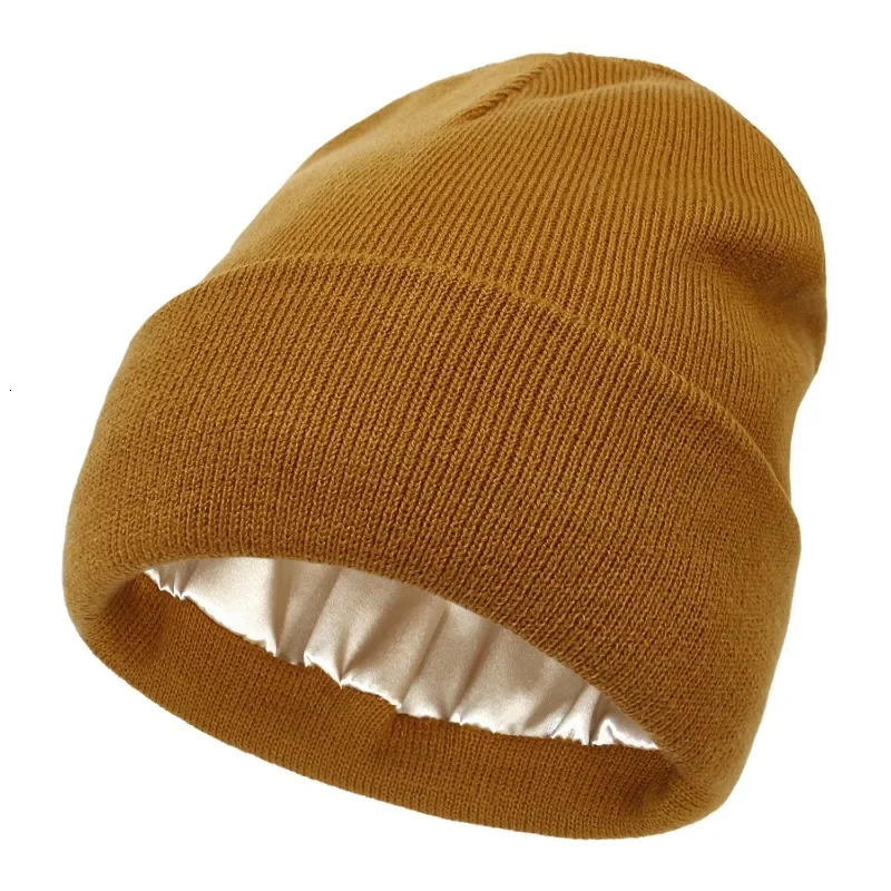 womens knitted hat fluffy winter silk satin knitted hat womens thick hat warm bean hat 241211
