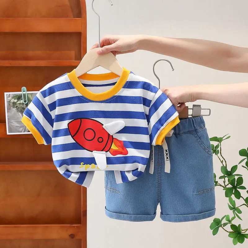 Clothing Sets Kids Boys Girls Summer Clothes Cotton Strips Sports Suit Infant Space T Shirt Shorts Children Clothing Tracksuits Set 0-5 Years H241214