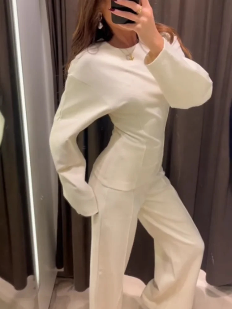 Elegant Solid Top Pants Sets Women Two Piece Sets O-Neck Long Sleeve Pullover Wide Leg Trousers Set Casual Office Outfit 241214