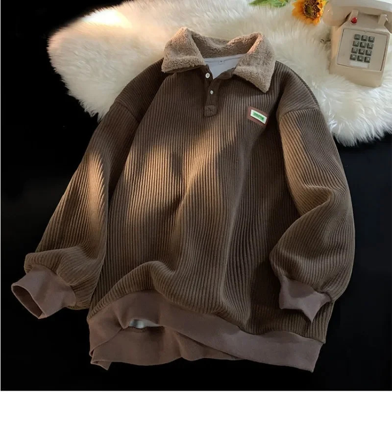 Women Vintage Harajuku Hoodies Oversized Plus Velvet Thickened Corduroy Button Sweatshirts Korean Fashion Pullover Polo Hoodie 241214