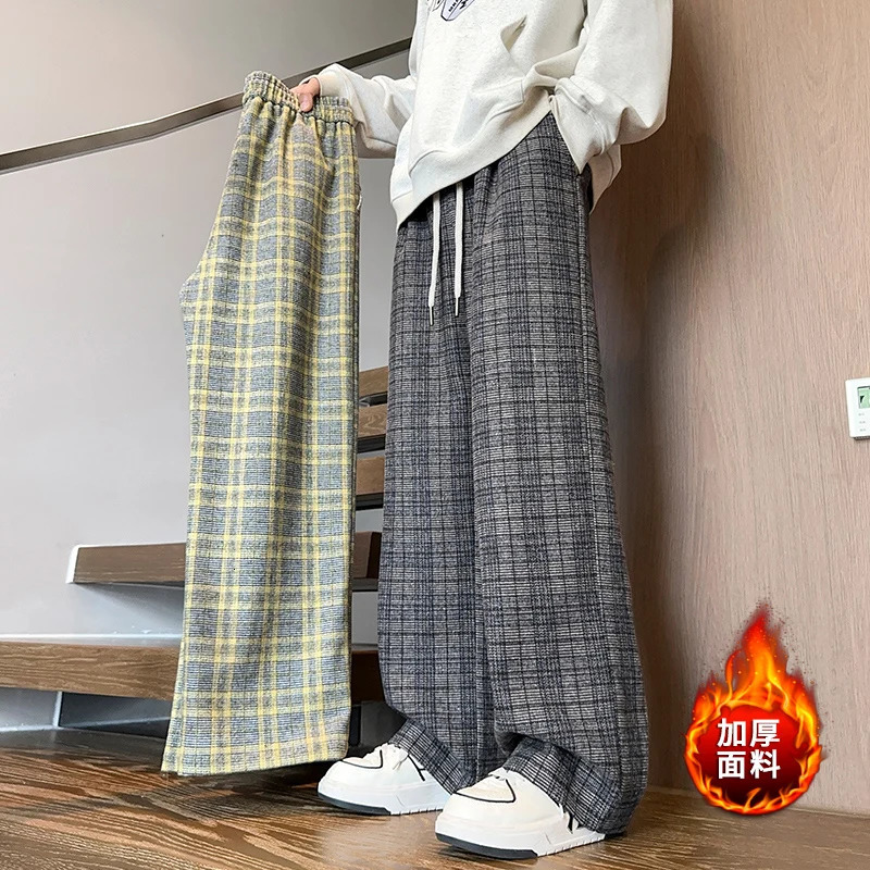 Mens Plaid Pants Baggy Winter Trendy Fleece Loose Straight Wide Leg Mopping Trousers Unisex Thick Velvet Warm Long Pants 241214