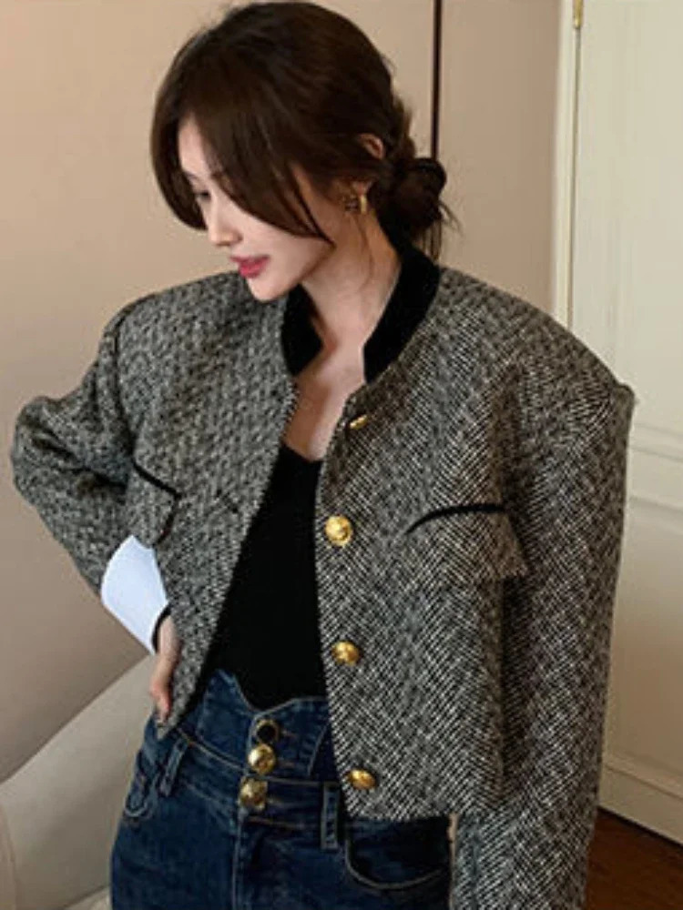 Womens Fashion Korean Chic Retro Coarse Felt Jacket Womens Spring Contrast Cut Jacket Elegant Office Womens Jacket 241214