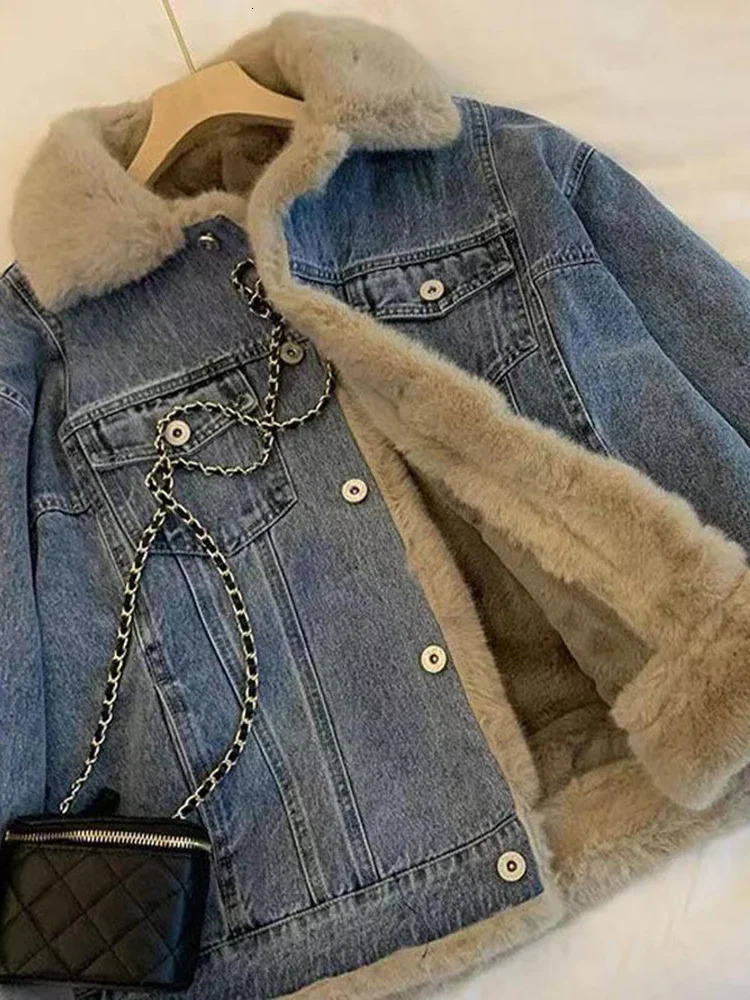Winter wool thick denim jacket womens loose casual warm fur collar long sleeved clothing 241211