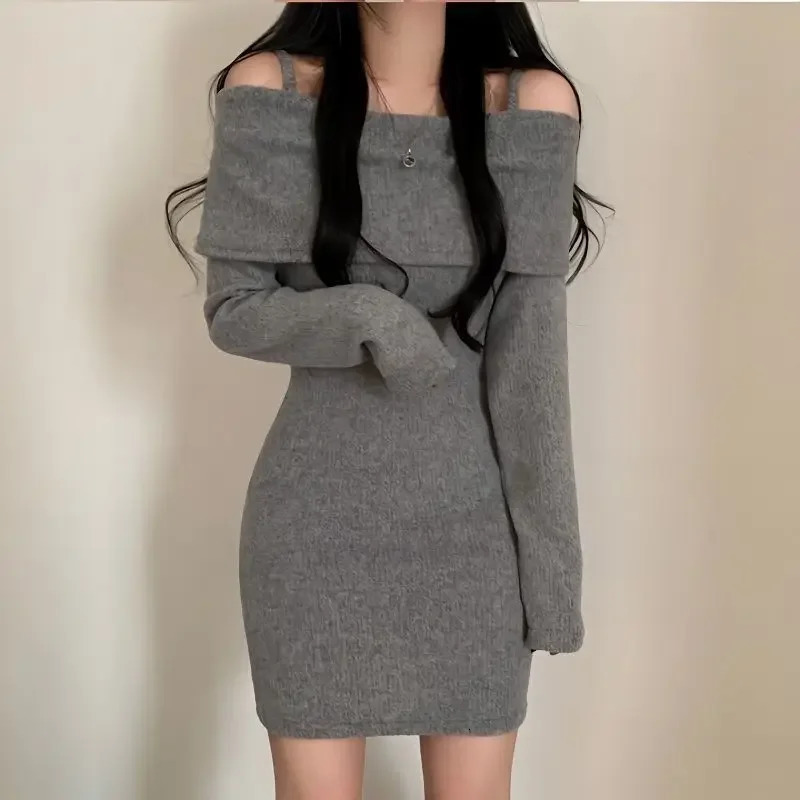 ChicAutumnWinter Petiteslims Mini Dress Shoulder Tank Top Collar Weight Loss Smooth Silhouette Rib Knitted 241212