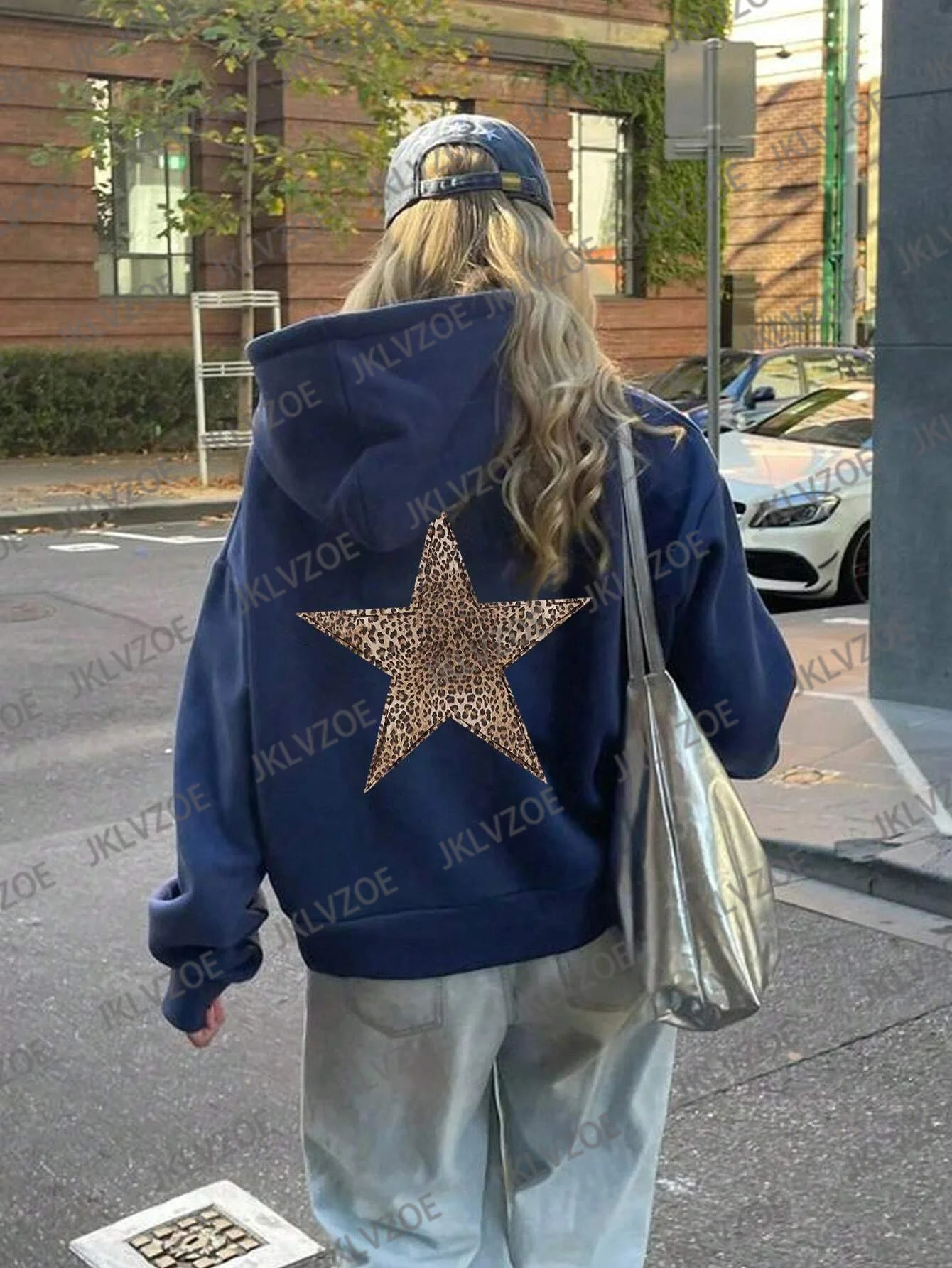 Winter womens leopard print and five point star sportswear Harajuku Pullover cotton hoodie loose casual womens streetwear 241214