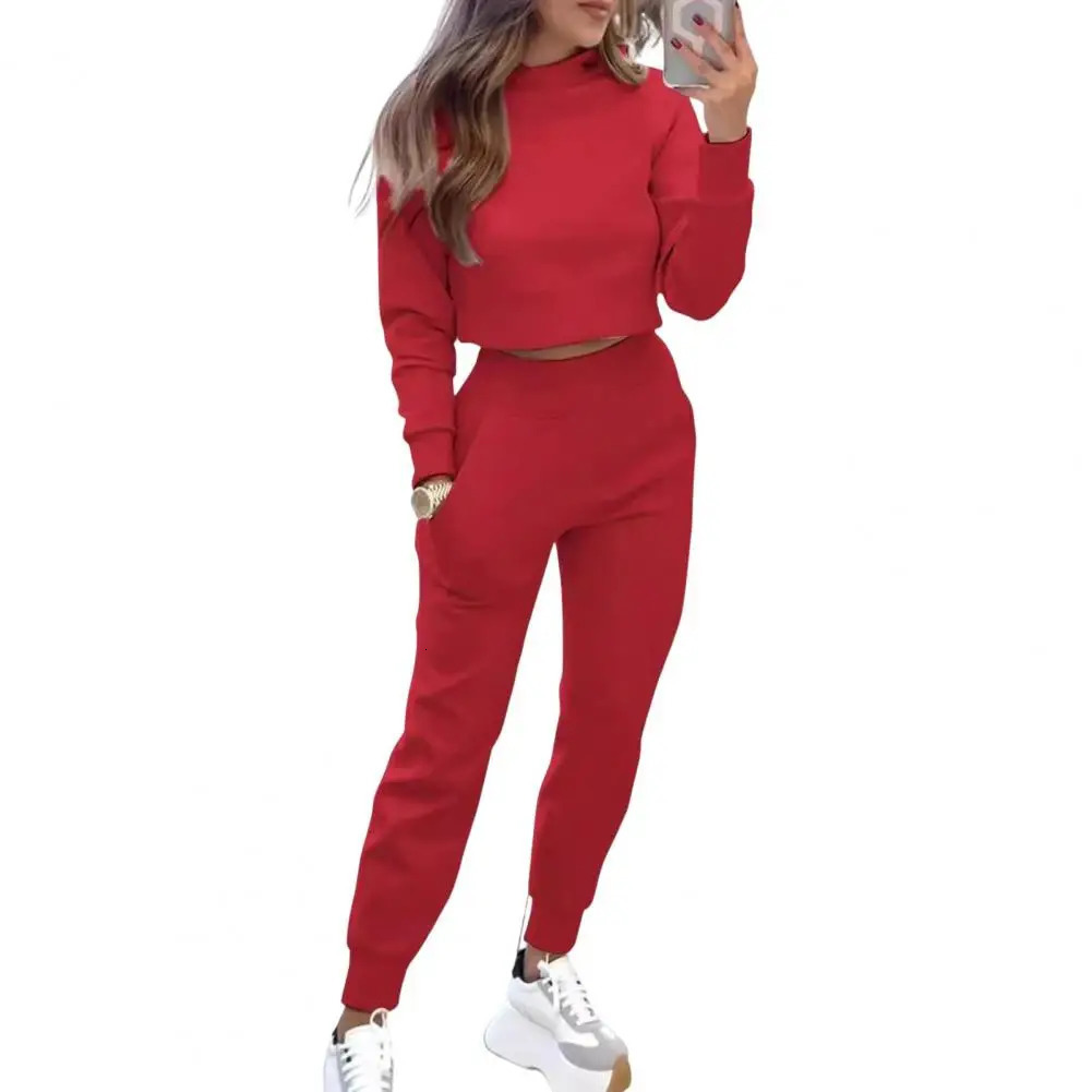 Women Cropped Top Set Womens High Collar Sweatshirt Sweatpants for Autumn Slim Fit Sport Outfit with Long Sleeves Elastic 241209