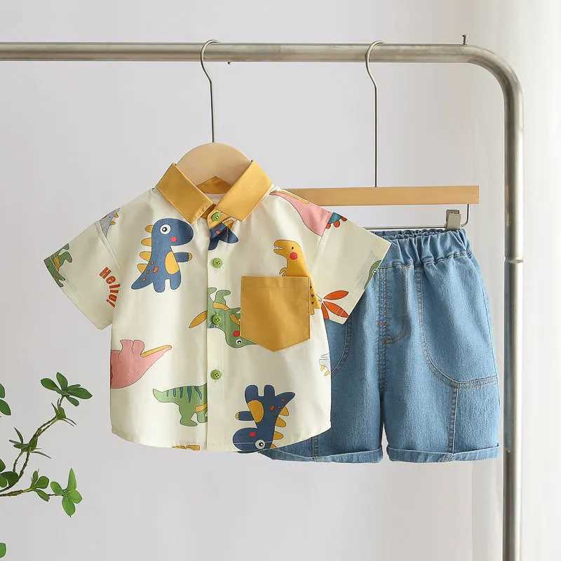 Clothing Sets Cotton Clothes Kids Boy Summer Children Print Dinosaur Shirts Denim Shorts 2Pcs/Set Kids Fashion Toddler Tracksuits 0-5 Years H241214