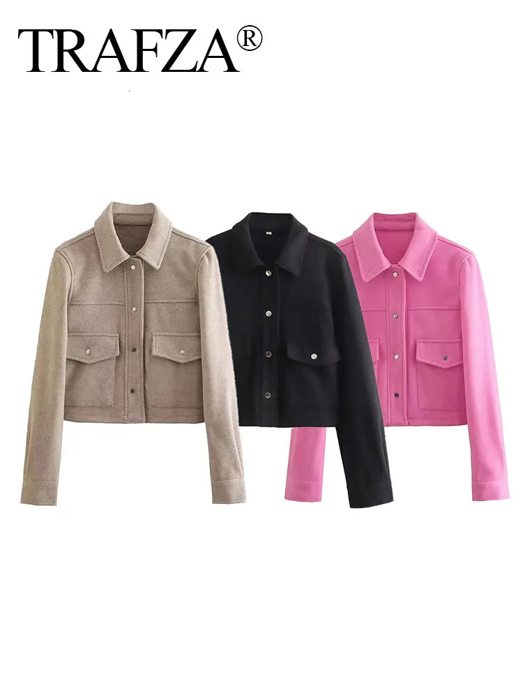 TRAFZA Autumn/Winter Womens Street Fashion Solid Jacket with Pocket Button Hem Collar Elegant Coat 241214