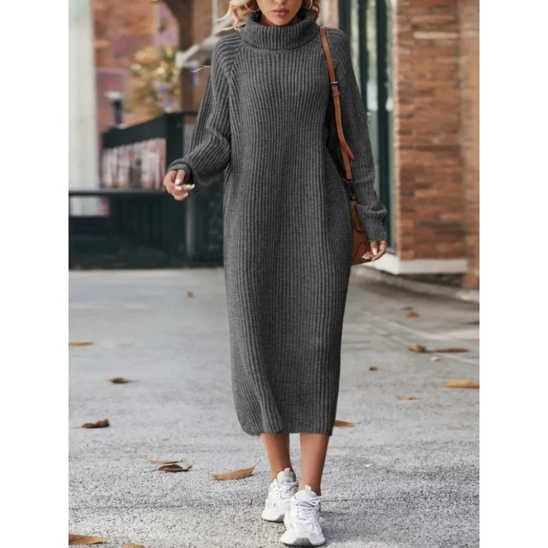 Women Solid Color Loose High Collar A Long Sweater 2023 Autumn Winter Dress Sleeve Knitted 241212