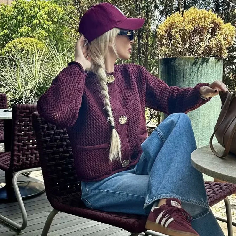 HXAO Womens Sweater Crochet Burgundy Sweater Cardigan Autumn Winter Crop Knit Outerwears Knitwear Long Sleeve Big Size Cardigan 241214