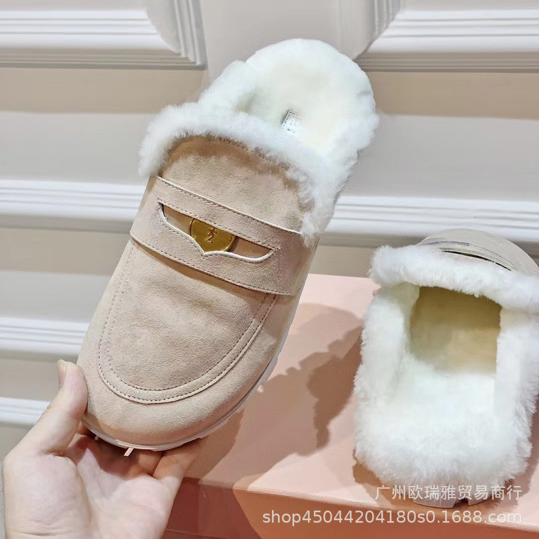 23 Winter New Hairy Baotou Half Slippers For Women, Flat Bottom, Versatile, Casual, Coin, Wool, One Step, Muller Shoes