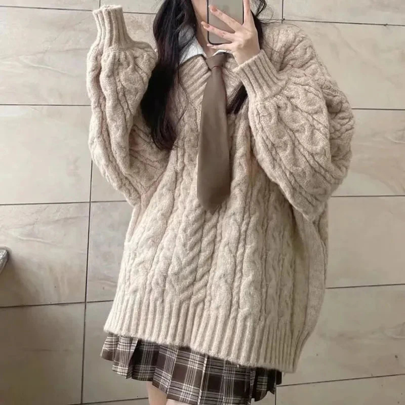 Autumn and Winter Womens Sweater Harajuku Large Knitted Lanhua Korean Long Sleeve Vneck Pre made Solid Loose Jumper 241211