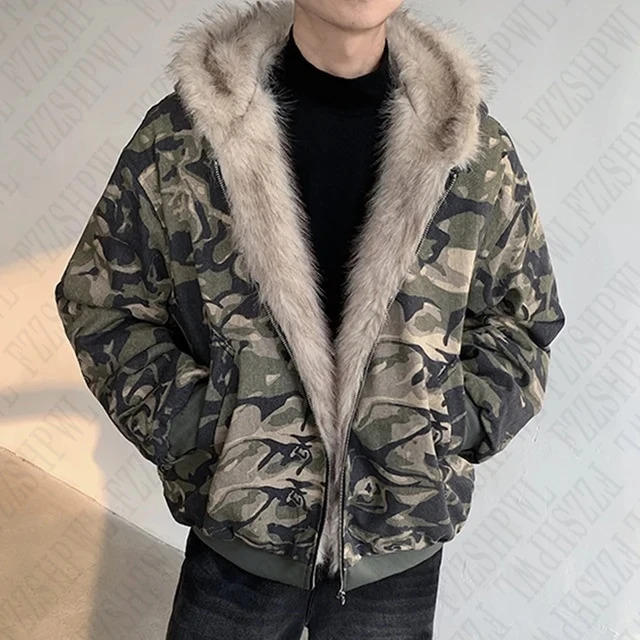 Fashionable mens camouflage cotton padded coat hooded zipper loose thick warm quilted jacket winter Y2K zipper hooded sweater 241214