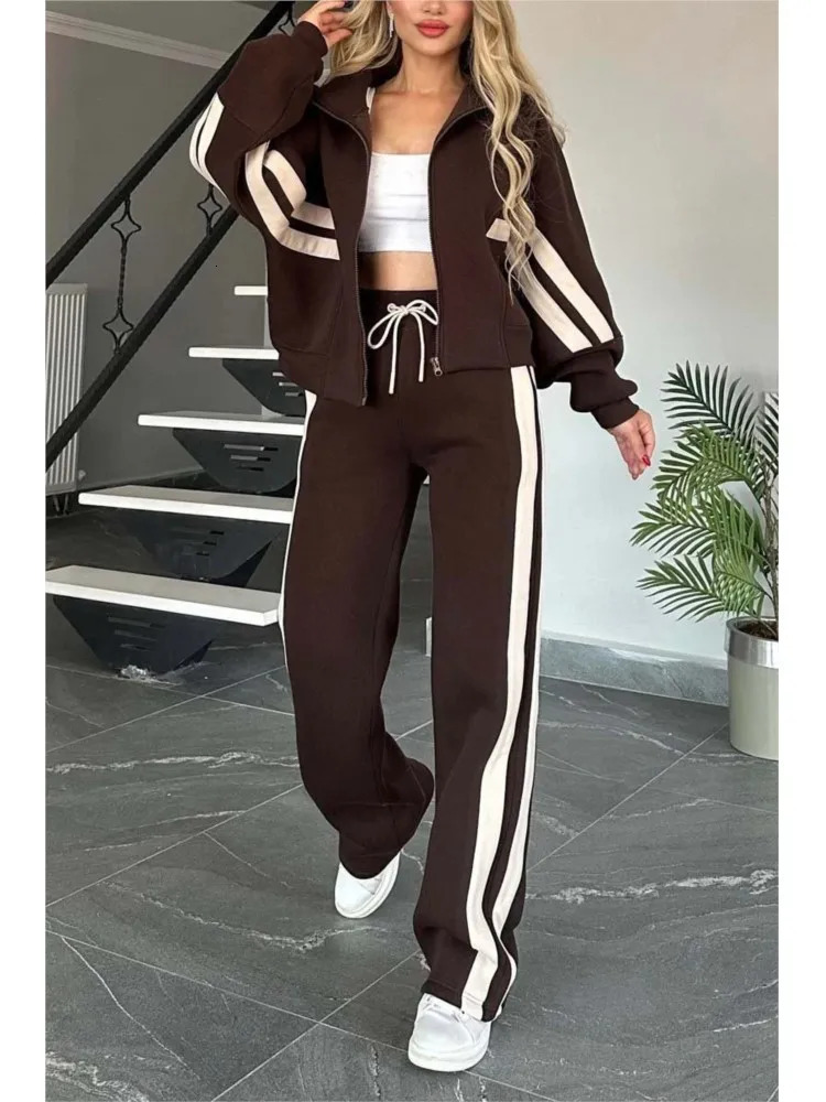 Autumn Winter Womens Hoodie Y2k Zipper Loose Jacket Coat And High Waist Side Striped Sports Pants Set 241214