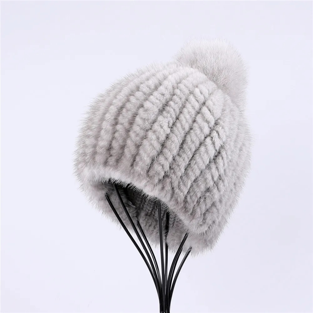100% real mink fur hat women winter knitted beanie Russian Girls cap with fox fur pom poms thick female cap Elastic 241214