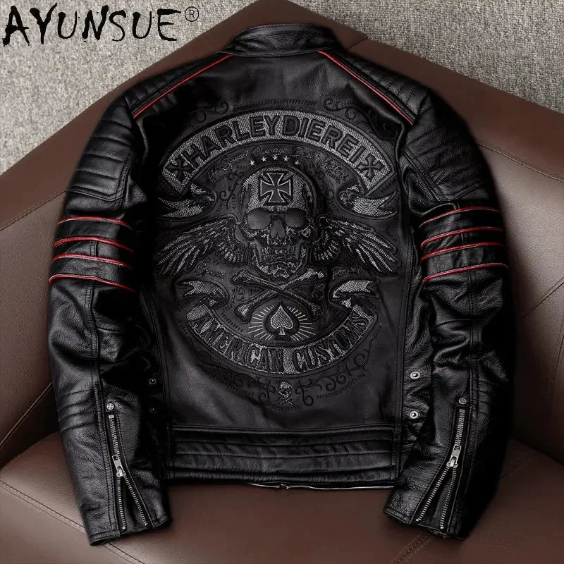 AYUNSUE Genuine Cow Leather Jacket Men Autumn Fashion Real Cowhide Coats Embroidery Short Jackets Motorcycle 241214