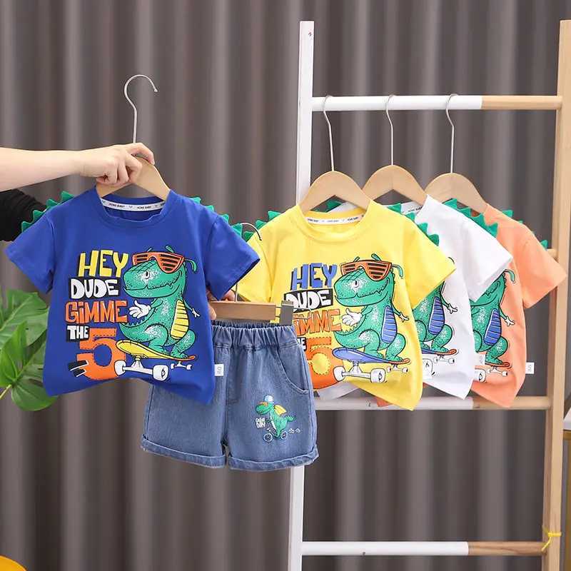 Clothing Sets Summer Children Cotton Clothes Kids Boys Printe Cartoon O-Neck Dinosaur T Shirt Shorts 2Pcs/Set Kids Fashion Toddler 0-5 Years H241214