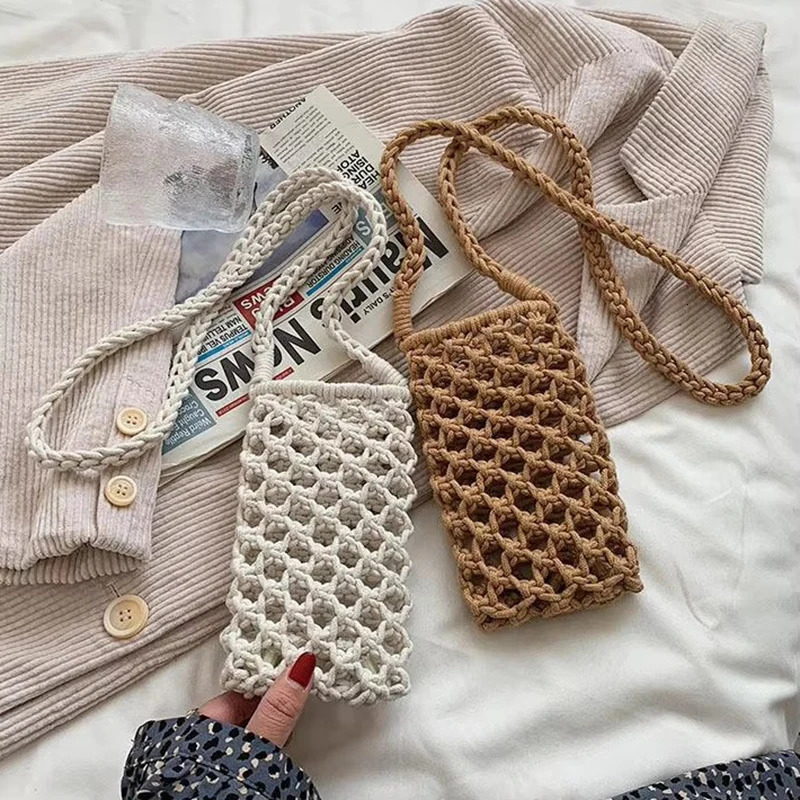 Womens fashionable small cross shaped mobile phone bag solid color hollow womens crochet lightweight woven shoulder bag 241213