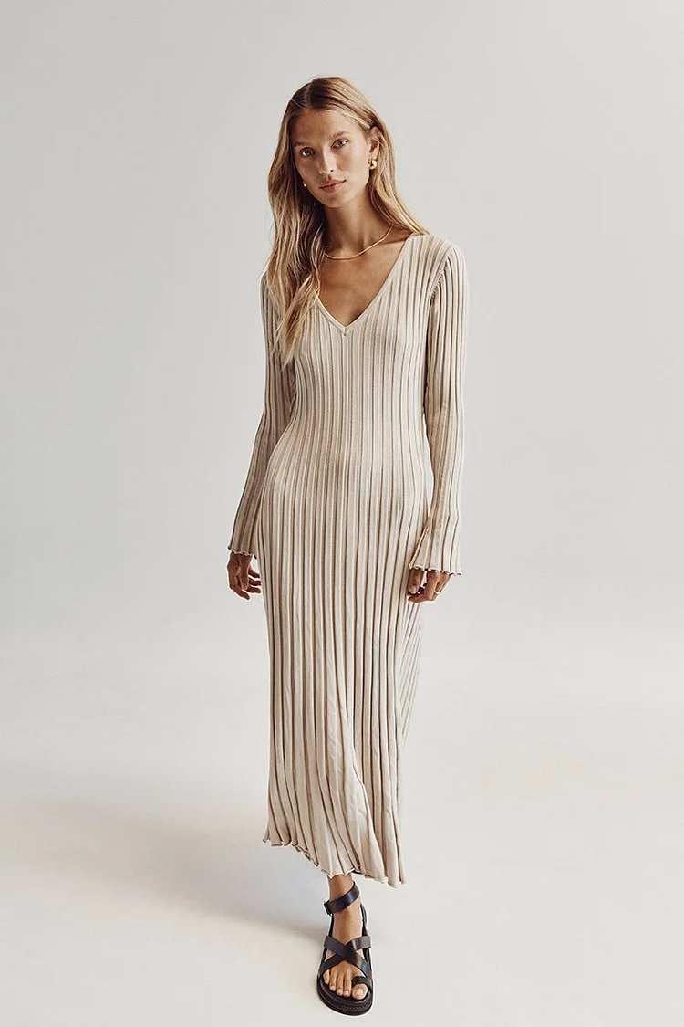 L240 Spring and summer new knitted dress casual waist V-neck ribbed slim knitted long skirt for women