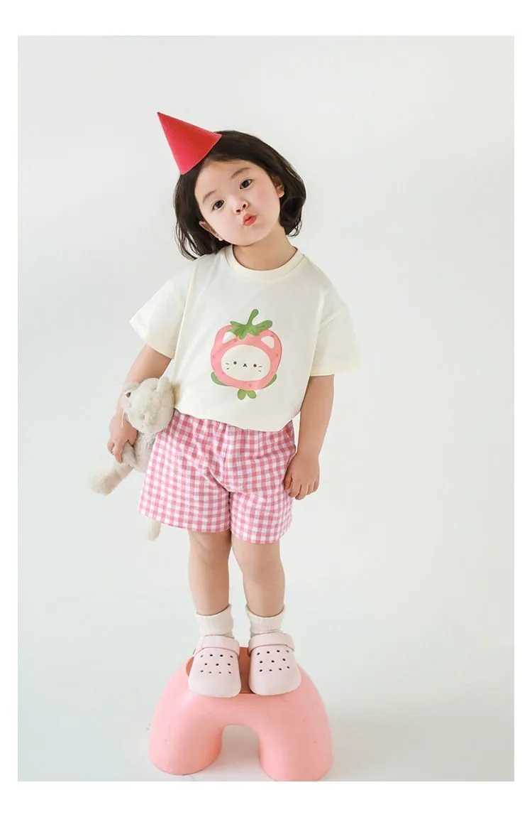 Clothing Sets Girls Fruit Animals Print TShirt Summer Clothing Thin Soft Short Sleeve Tops Boys Toddler New Casual Solid Color Versatile Tees H241214