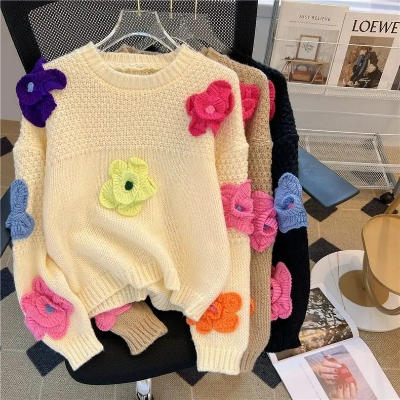OMCHION South Korea Sweet Fashion Casual Lazy Style Dopamine 3D Floral Knitted 2024 Loose Sweater for Women 241211