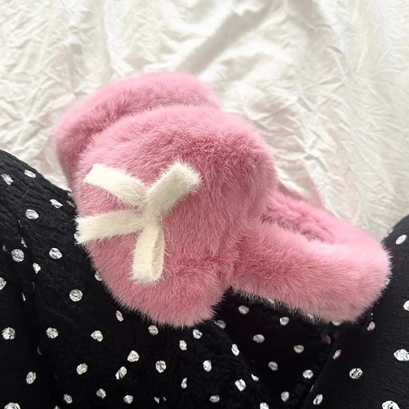 Female Bow Knot Earrings Kawaii Heart shaped Fluffy Eartips Cold Protection Female Eartips Thick Plush Japanese JK Girls Eartips 241211