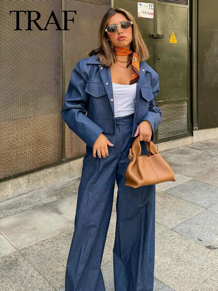 TRAF Fashion Women Pants Suit Elegant Female Long Sleeve Pockets Cropped CoatFront Pleats High Waist Pants Two Pieces Chic Set 241214