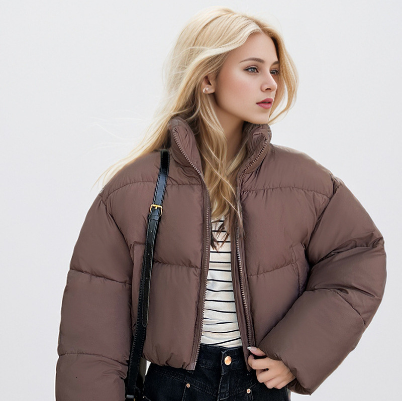 Women's Winter Puffer Stand-Up Collar Cropped Quilted Jacket Splashproof Water Windproof Down Cotton Coat