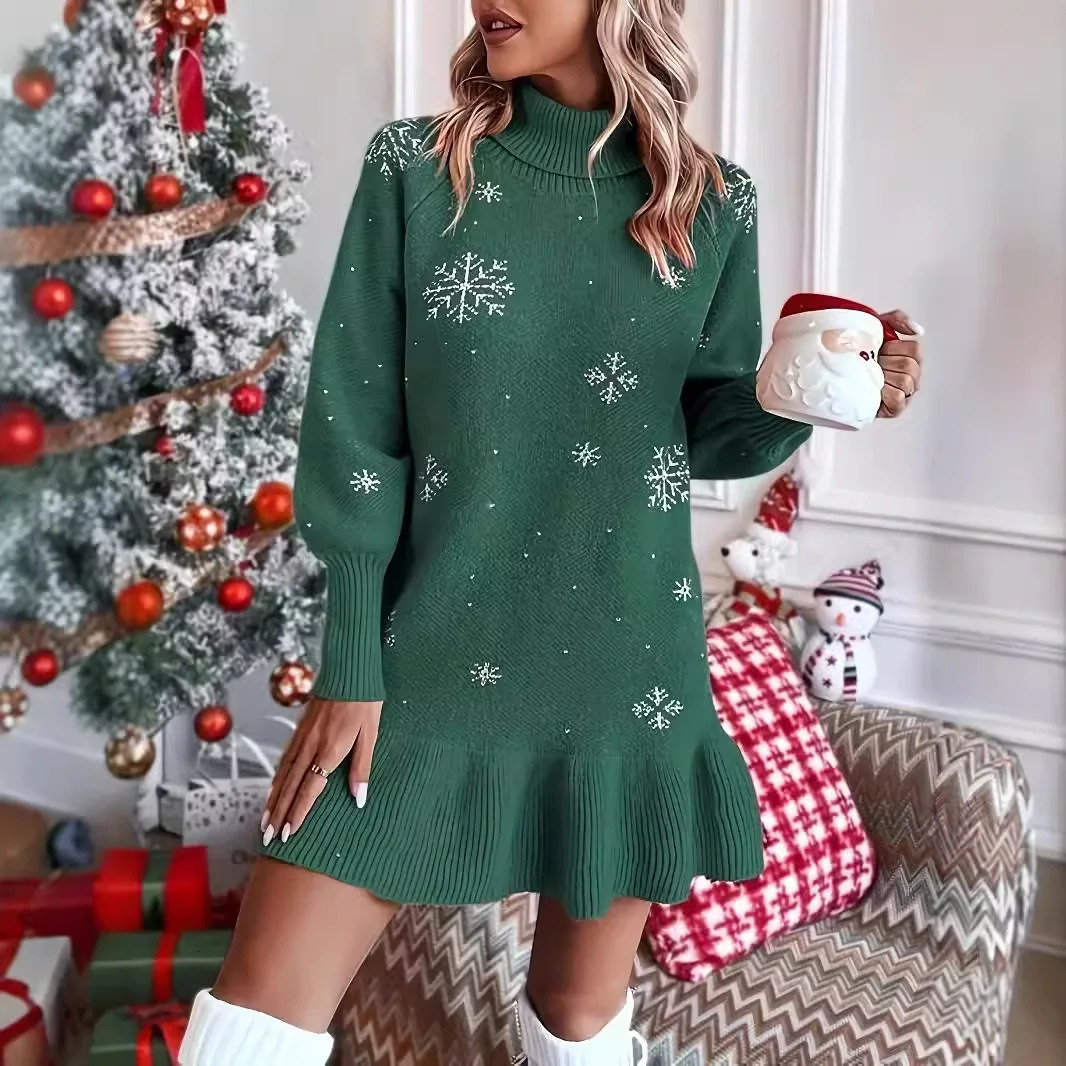 Womens Dress 2025 Spring Christmas Fashionable Snowflake Pattern Printed High Collar Long Sleeve Knitted Mini 241212