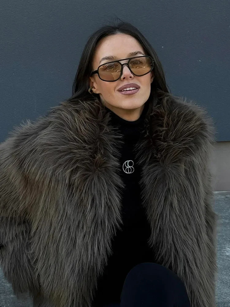 Retro High Collar Long Sleeved Faux Fur Coat Women Winter Warm Solid Fury Jacket Fashion Females Street Outerwear 241211