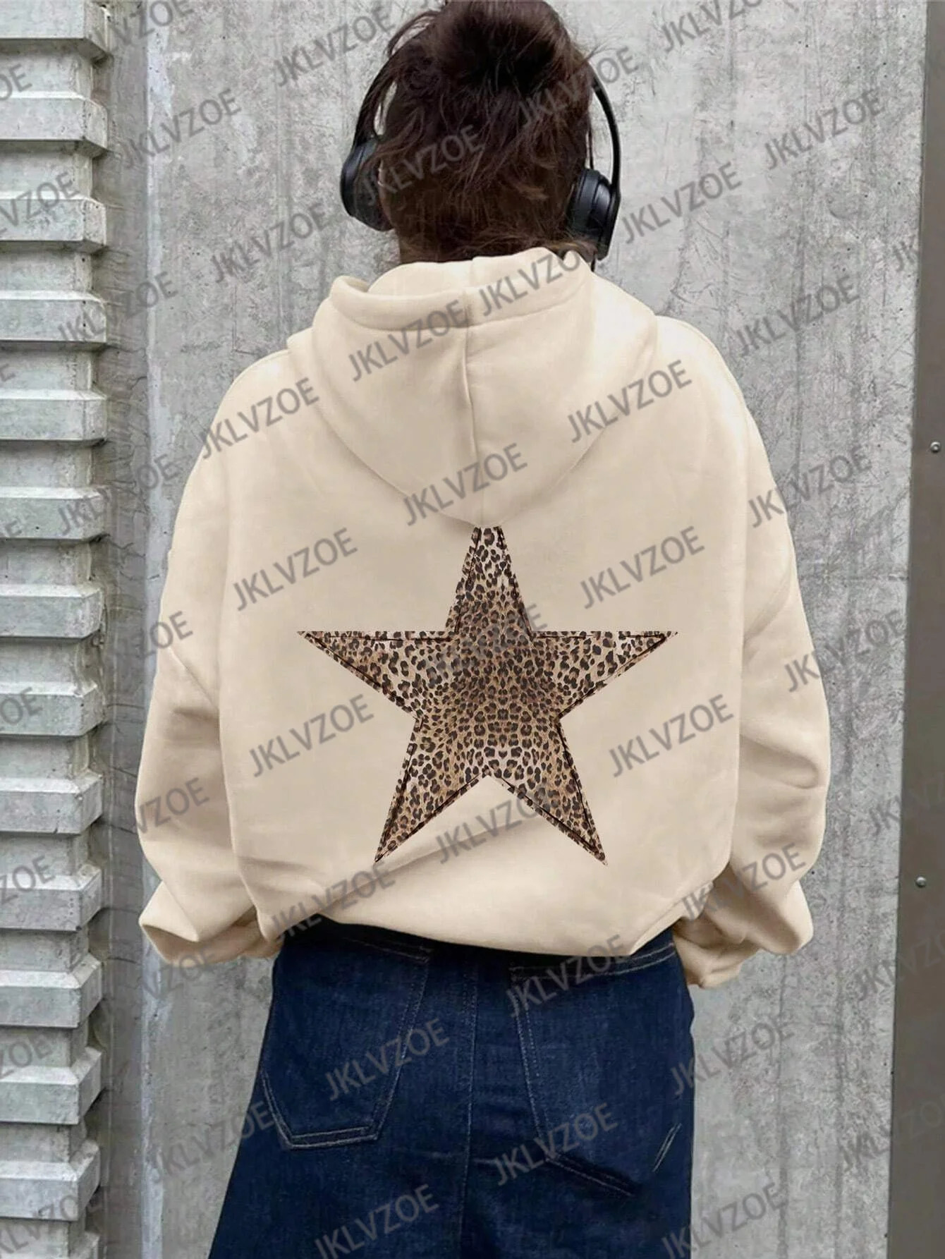 Winter womens leopard print and five point star sportswear Harajuku Pullover cotton hoodie loose casual womens streetwear 241214