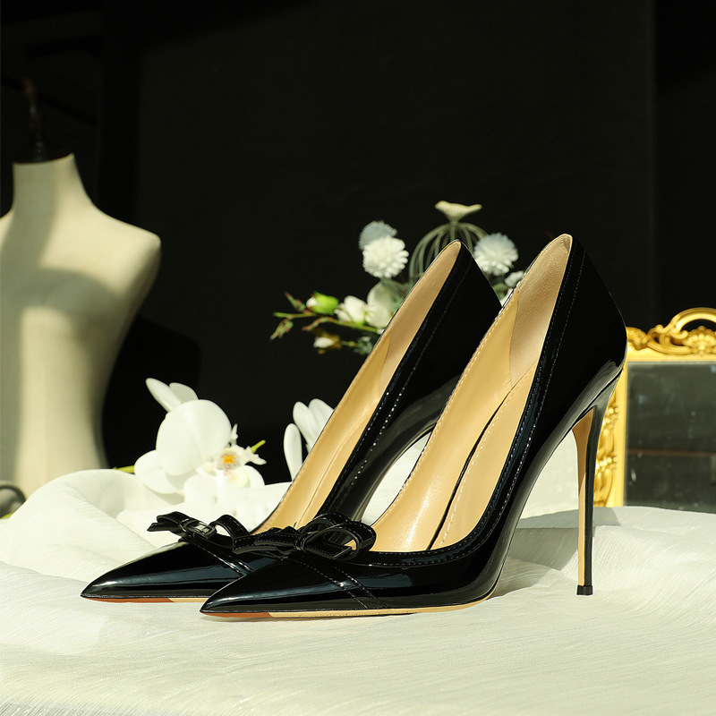 32-45 Black High Heels, Women's Slim Heel Bow, 2024 New French Banquet Professional Small Size Single Shoes