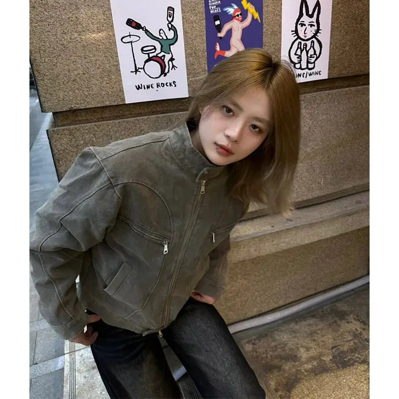Korean Retro Washed Short Denim Jacket Mens Spring and Autumn Personalized Niche Stand Collar Y2K Jacket Tops 241214