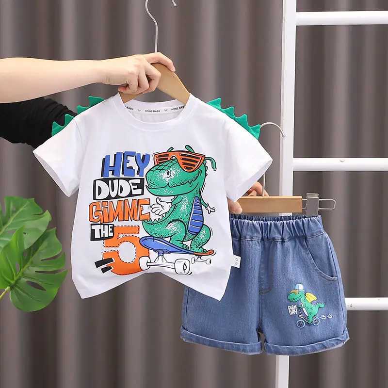 Clothing Sets Summer Children Cotton Clothes Kids Boys Printe Cartoon O-Neck Dinosaur T Shirt Shorts 2Pcs/Set Kids Fashion Toddler 0-5 Years H241214