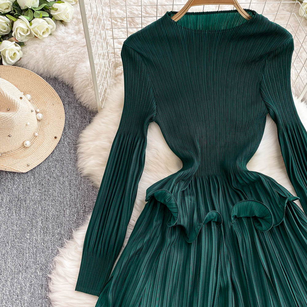 Casual Dresses Elegant Oversized Long Sleeve Pleated Draped Women O-Neck Ruffles High Sretch Party Robe Vestidos Ladies Spring Summer Clothing 2025