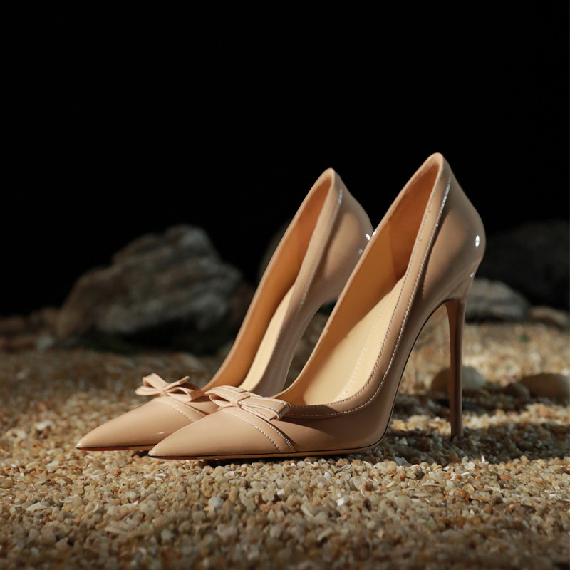 32-45 Black High Heels, Women's Slim Heel Bow, 2024 New French Banquet Professional Small Size Single Shoes