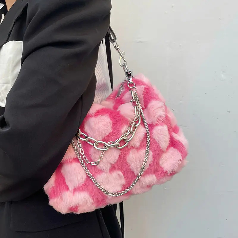 Y2k Pink Love Underwear Bag Soft Plush Heart Pattern Womens Shoulder Bag Womens Chain Fur Cross Bag Handbag 241213