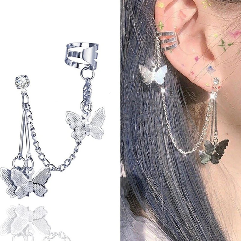 Korean Fashion Hip Hop Chain Earrings Steel Chain Threader Drop Cuff Double Chain Piercing Earrings Unisex Jewelry 241214