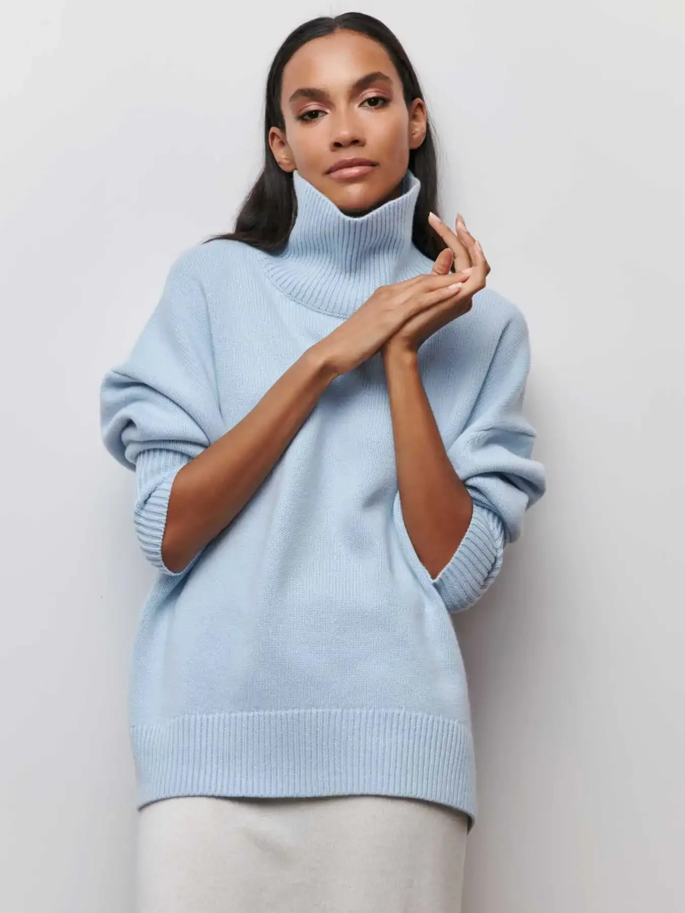 2024 Autumn Womens Turtle Neck Sweater Large Elegant Thick Pulled Black Knitted Winter Parachute Long Sleeve 241211