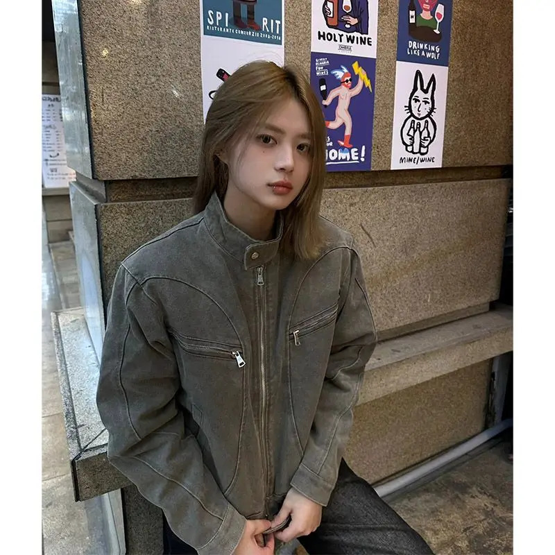 Korean Retro Washed Short Denim Jacket Mens Spring and Autumn Personalized Niche Stand Collar Y2K Jacket Tops 241214